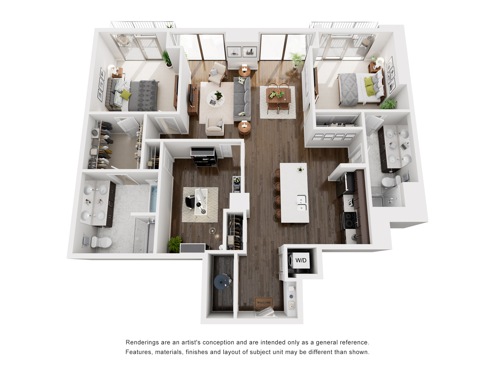 Floor plan for 2 beds, 2 baths, 1371 sqft